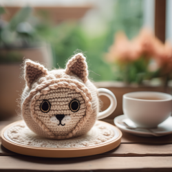 Crocheted Cat Face Coaster with Ears