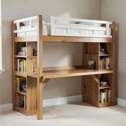 King-Size Loft Bed with Bookcase Platforms and Underneath Desk Gaming Area