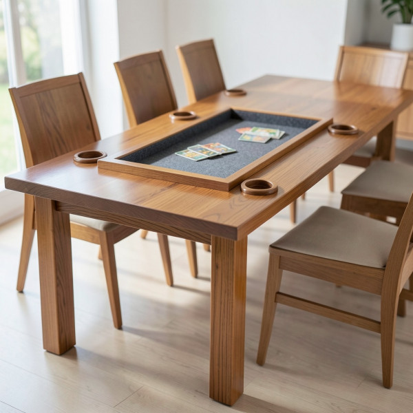Custom Wooden Dining Table with Game Tray and Cup Holders